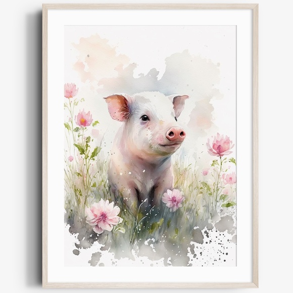 Watercolor Cute Floral Farm Pig Wall Art Illustration Print Poster Unframed - Picture 1 of 7